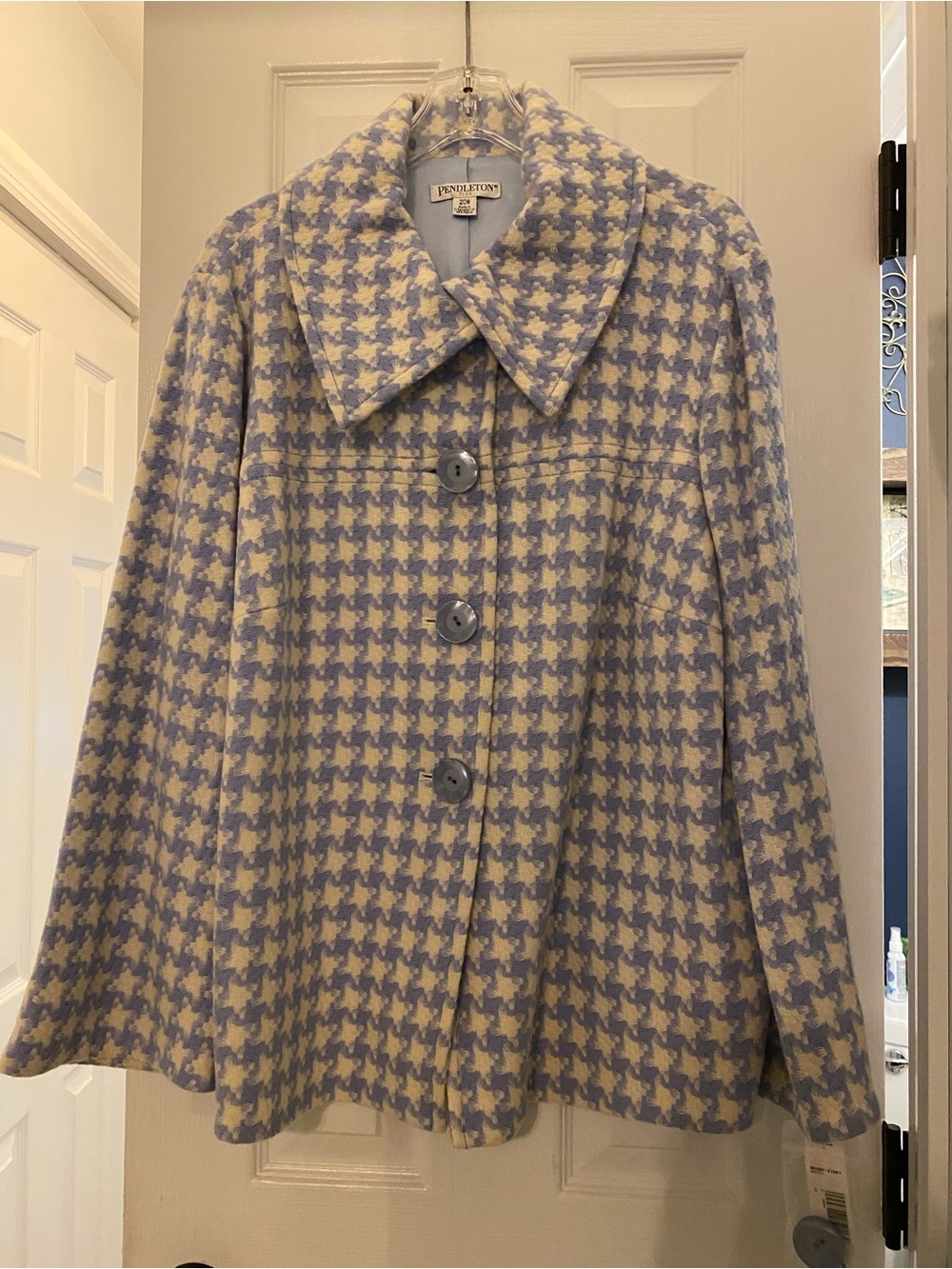 Pendleton NWT Houndstooth 20W Wool Pea Coat Blue & White Classic Timeless